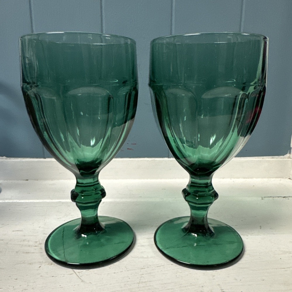Set Of 2 Libbey Duratuff Gibraltor Juniper Green Glasses 6 3/4" Tall 3 3/8" Diam